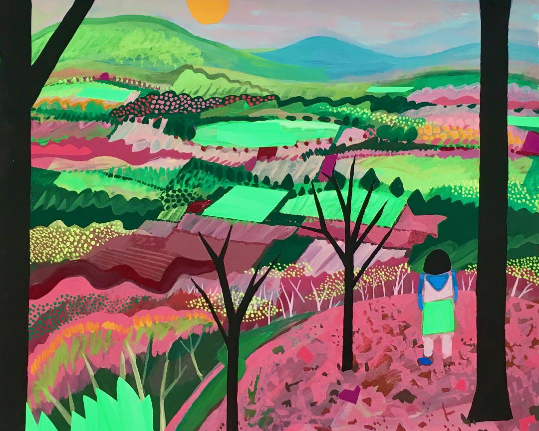 Colorful landscape of farmlands in a valley